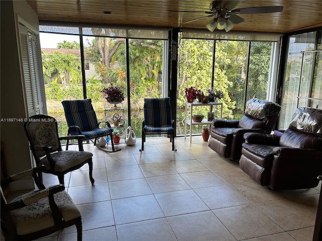 sunroom / solarium featuring wooden ceiling and ceiling fan