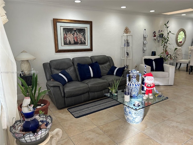 living room featuring crown molding and light tile patterned flooring