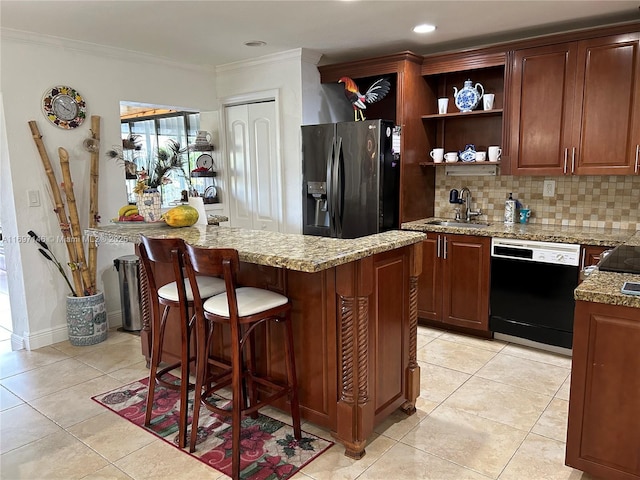 kitchen featuring sink, crown molding, dishwasher, stainless steel fridge with ice dispenser, and decorative backsplash