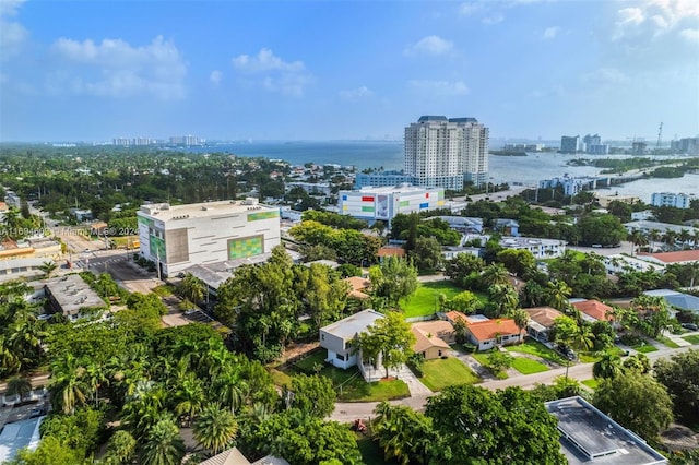 drone / aerial view featuring a water view