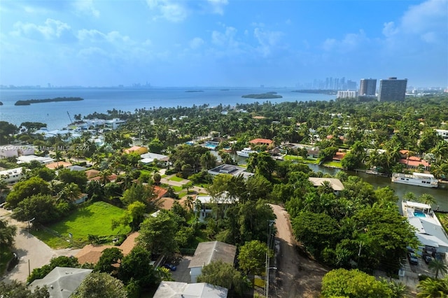 bird's eye view with a water view