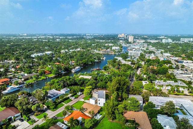 bird's eye view with a water view