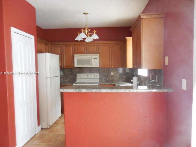 kitchen with kitchen peninsula, white appliances, and backsplash