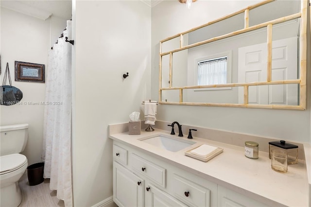 bathroom featuring vanity, toilet, and crown molding