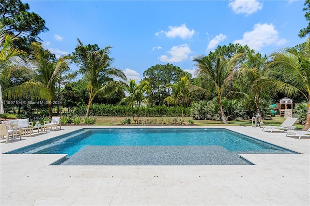 view of swimming pool featuring a patio area