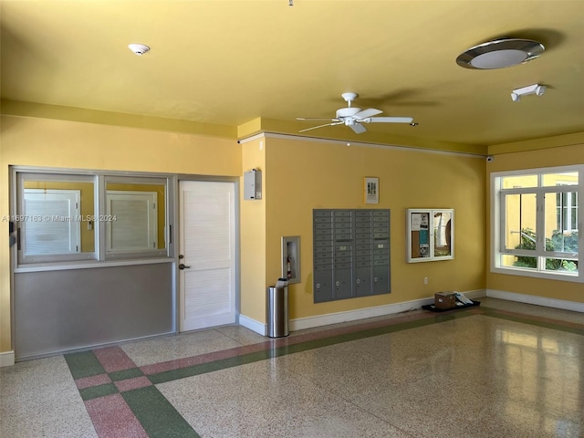 view of community featuring ceiling fan and mail boxes