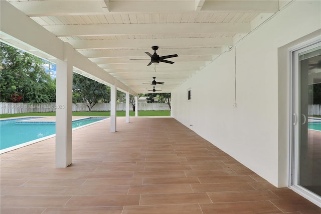 view of swimming pool with ceiling fan