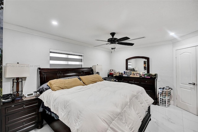 bedroom featuring ornamental molding and ceiling fan