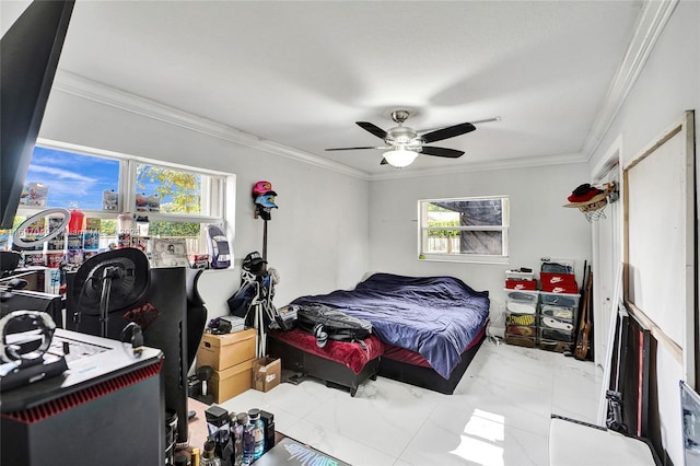 bedroom with ornamental molding and ceiling fan