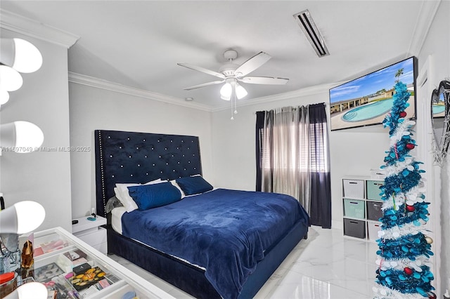 bedroom featuring ceiling fan and ornamental molding