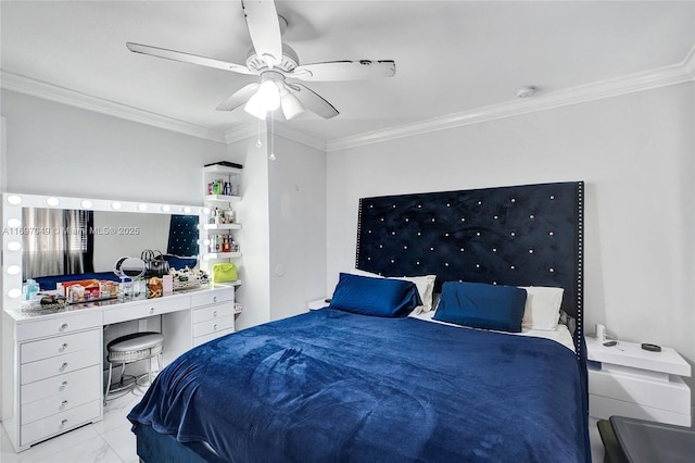 bedroom featuring ornamental molding and ceiling fan