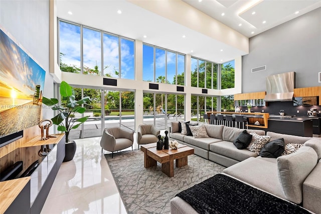 living room with a high ceiling