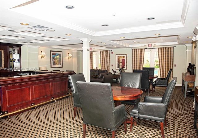 dining room featuring carpet flooring, decorative columns, ornamental molding, coffered ceiling, and a tray ceiling