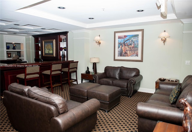 living room featuring crown molding and carpet floors