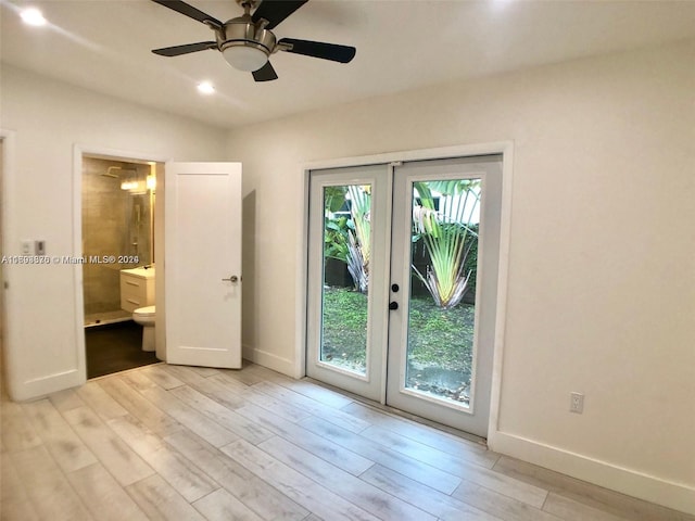 doorway to outside with ceiling fan, french doors, and light hardwood / wood-style floors