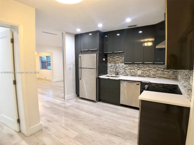 kitchen with tasteful backsplash, stainless steel appliances, extractor fan, sink, and light hardwood / wood-style flooring