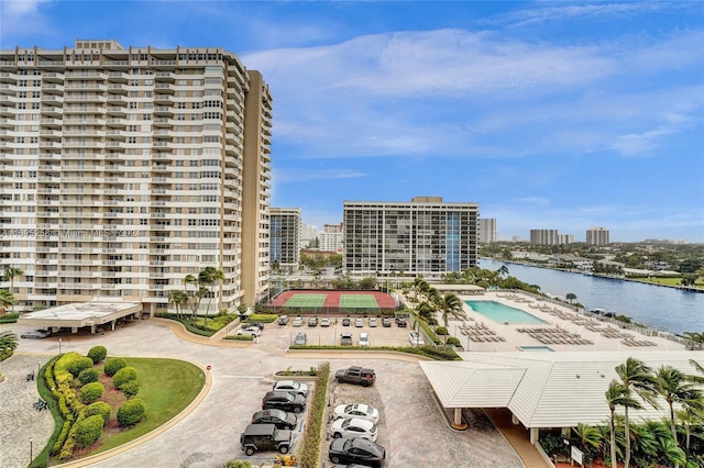 exterior space with a water view