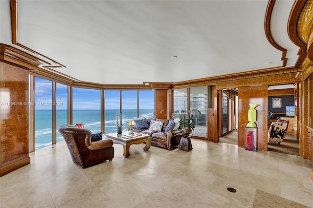 living room featuring a water view