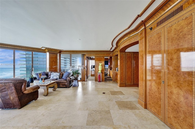 living room with crown molding