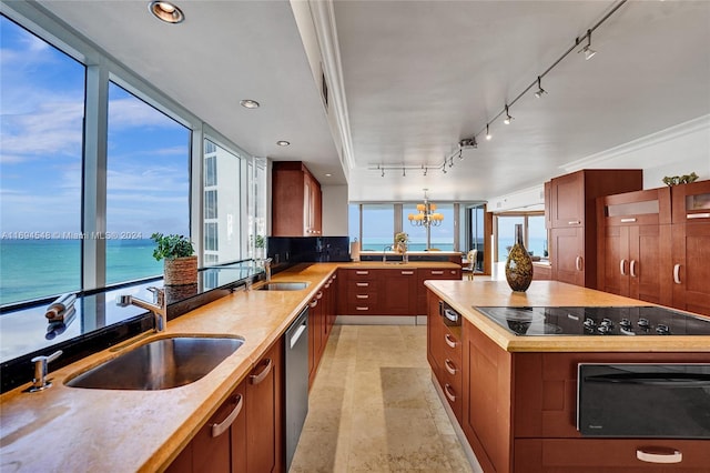 kitchen with dishwasher, black electric stovetop, a water view, sink, and a notable chandelier