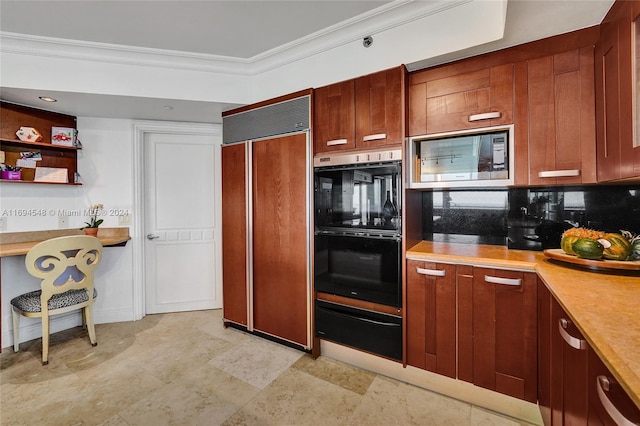 kitchen featuring built in appliances, crown molding, and backsplash