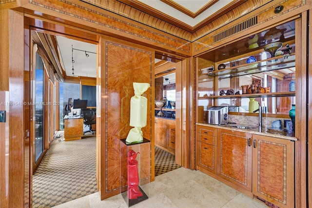 interior space featuring sink, light colored carpet, and crown molding