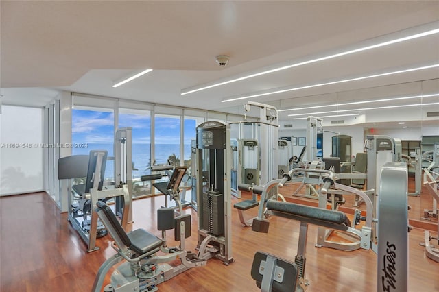 workout area featuring hardwood / wood-style floors, a water view, and a wall of windows