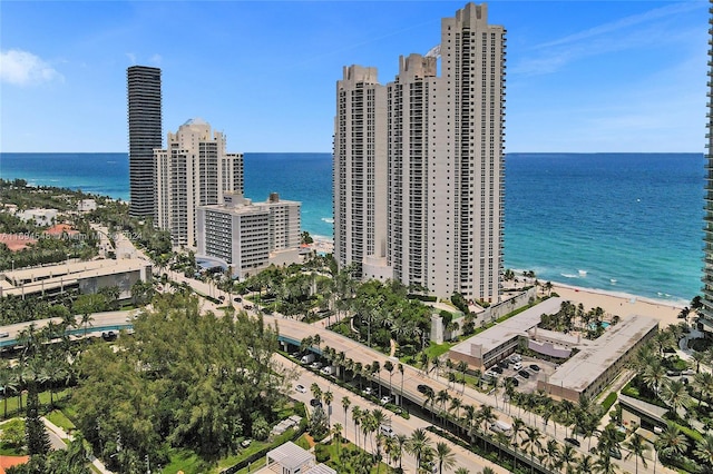 drone / aerial view with a water view and a view of the beach