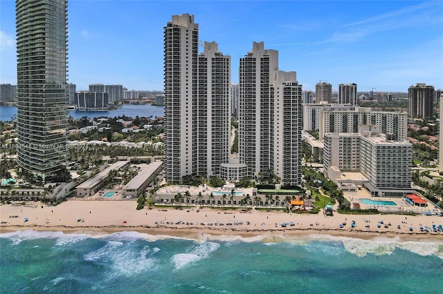 view of city with a water view and a view of the beach