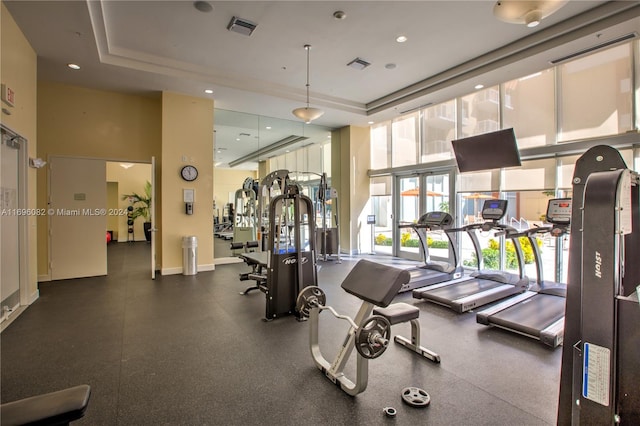 gym featuring a raised ceiling and a high ceiling