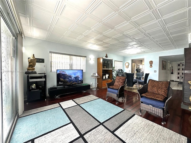 living room with dark hardwood / wood-style flooring