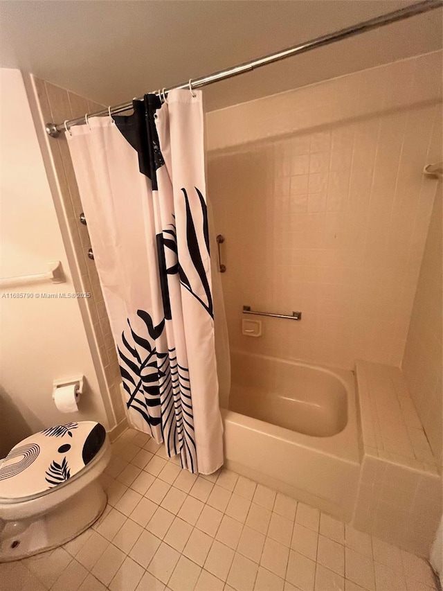 full bathroom with toilet, tile patterned flooring, and shower / bath combination with curtain