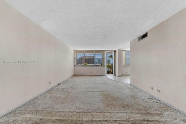 interior space with light carpet, a wealth of natural light, and a textured ceiling