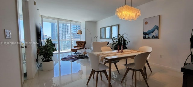 tiled dining area featuring an inviting chandelier