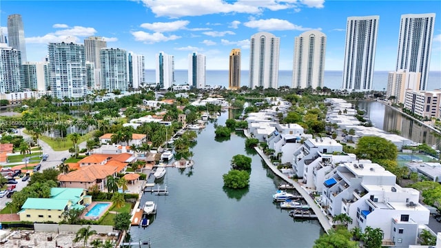 aerial view featuring a water view