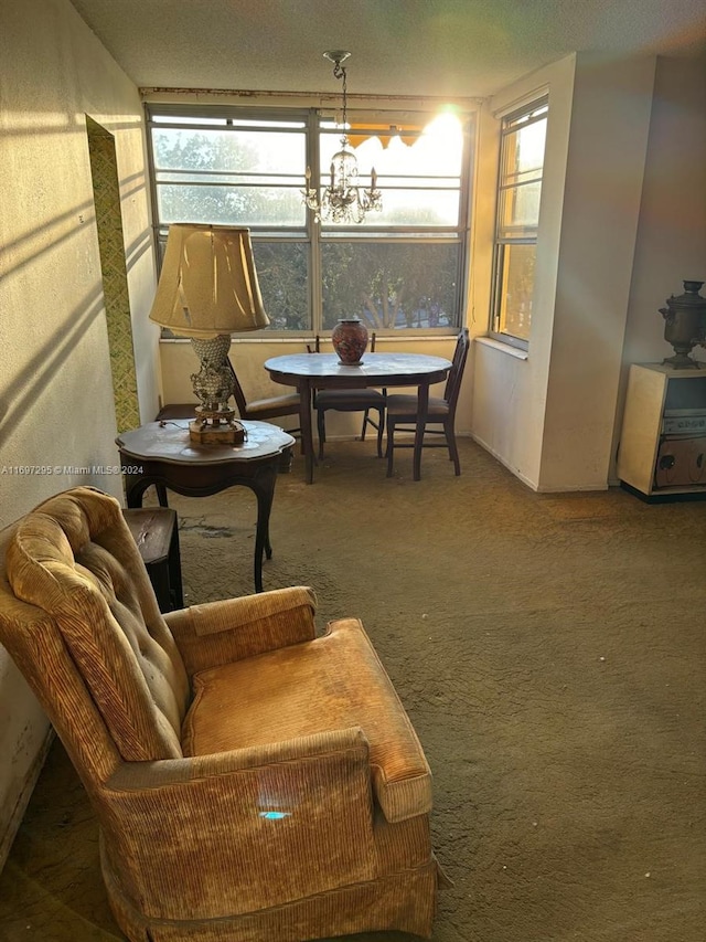 interior space featuring a chandelier, a textured ceiling, and carpet floors