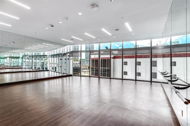 gym featuring expansive windows and wood-type flooring