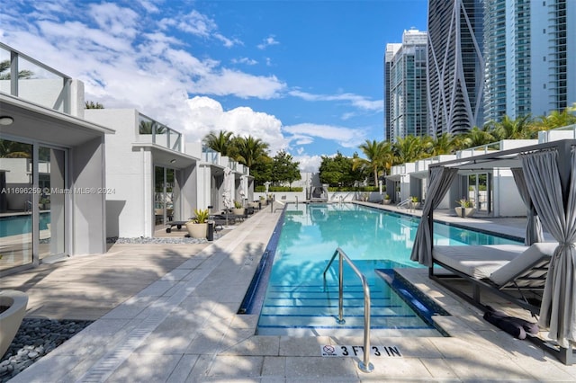 view of swimming pool featuring a patio