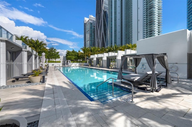 view of swimming pool featuring a patio area