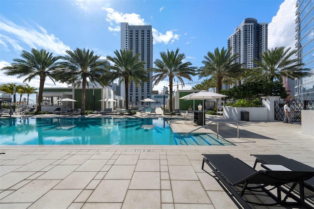 view of swimming pool with a patio area