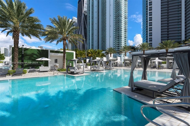 view of swimming pool featuring a patio area