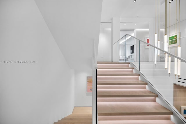 staircase with wood-type flooring