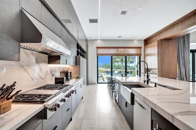 kitchen featuring appliances with stainless steel finishes, light stone counters, sink, and range hood