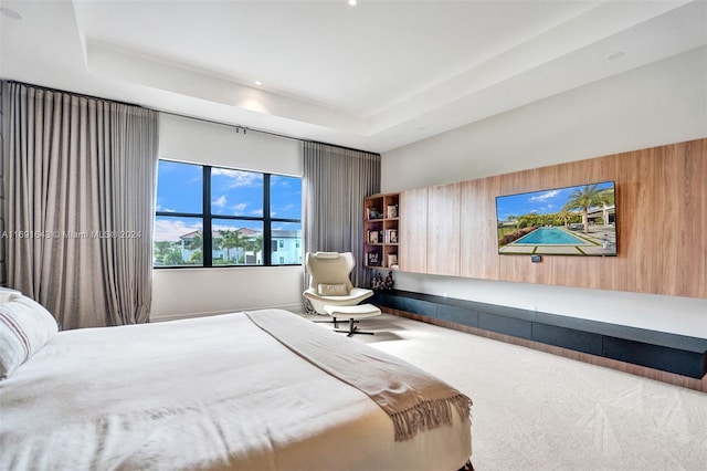 bedroom with carpet flooring and a tray ceiling