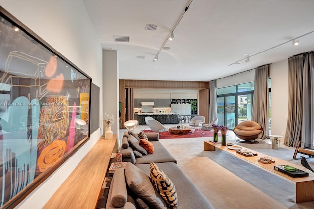 living room featuring rail lighting