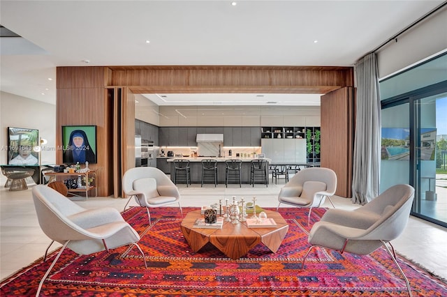 living room featuring tile patterned flooring