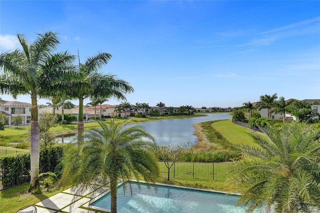 view of pool featuring a water view