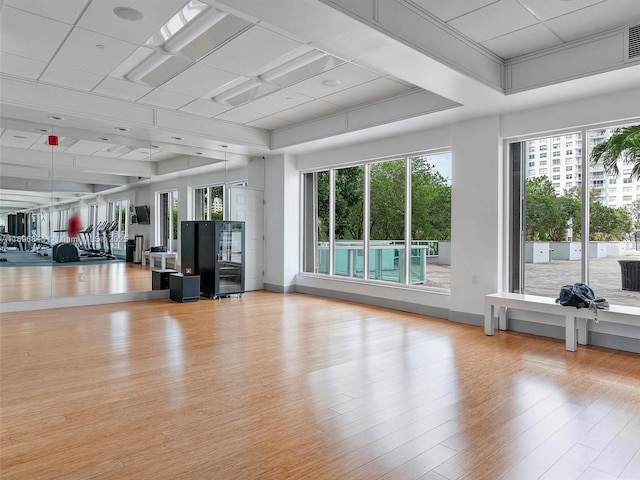 interior space featuring light hardwood / wood-style floors and a raised ceiling