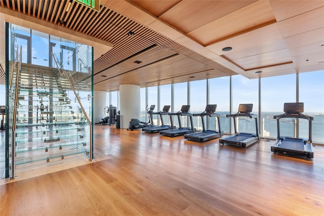 gym with expansive windows and wood-type flooring