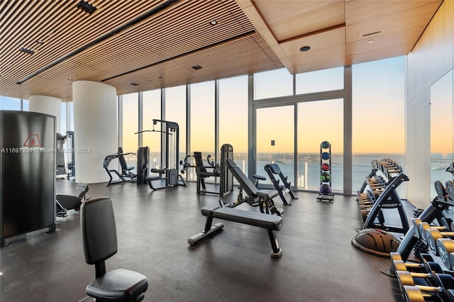 exercise room featuring floor to ceiling windows and a water view